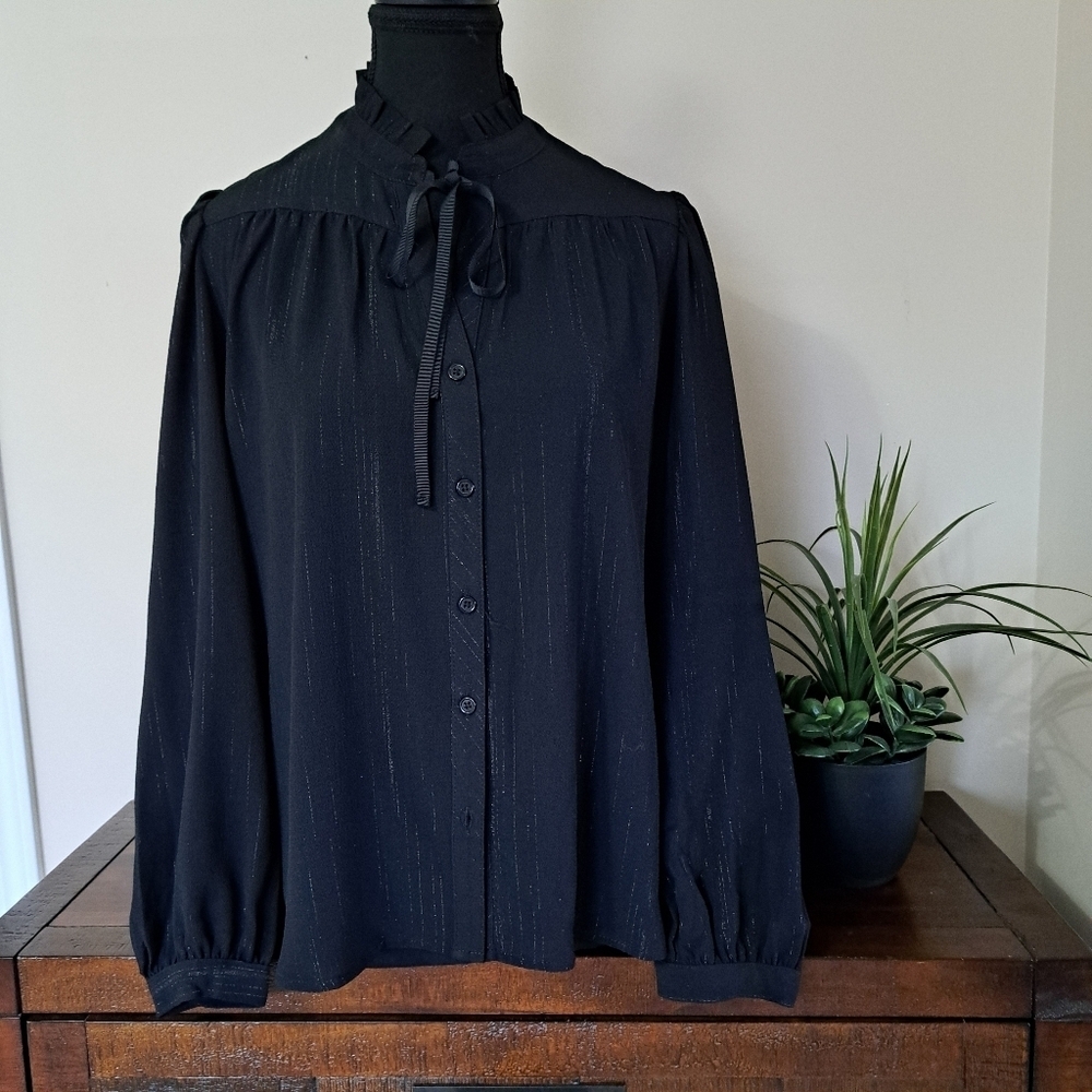 DKNY // Black Long Sleeve Ruffle Tie Neck Blouse with Subtle Metallic Pinstripes